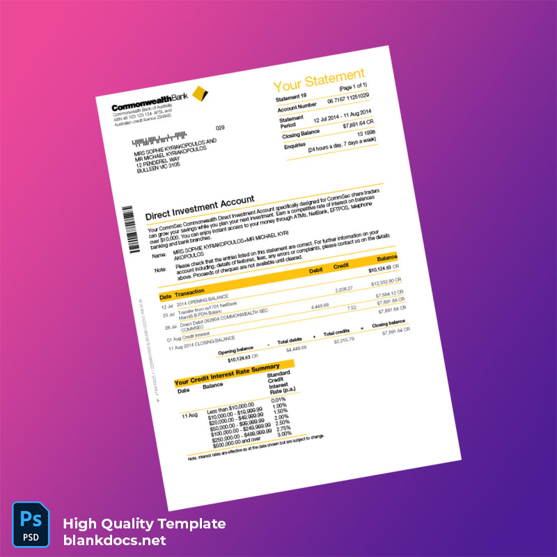 Australia Commonwealth Bank Statement Template in Word and PDF formats