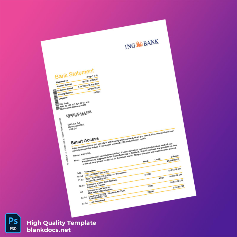 Australia ING Bank Bank Statement Template in Word and PDF formats