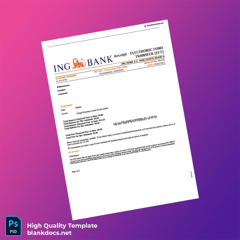 Australia ING Bank Statement Template in Word and PDF formats