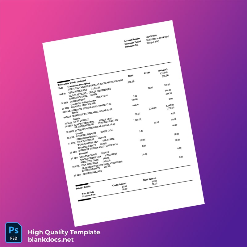 Australia St George Bank Statement Template in Word and PDF formats page 3
