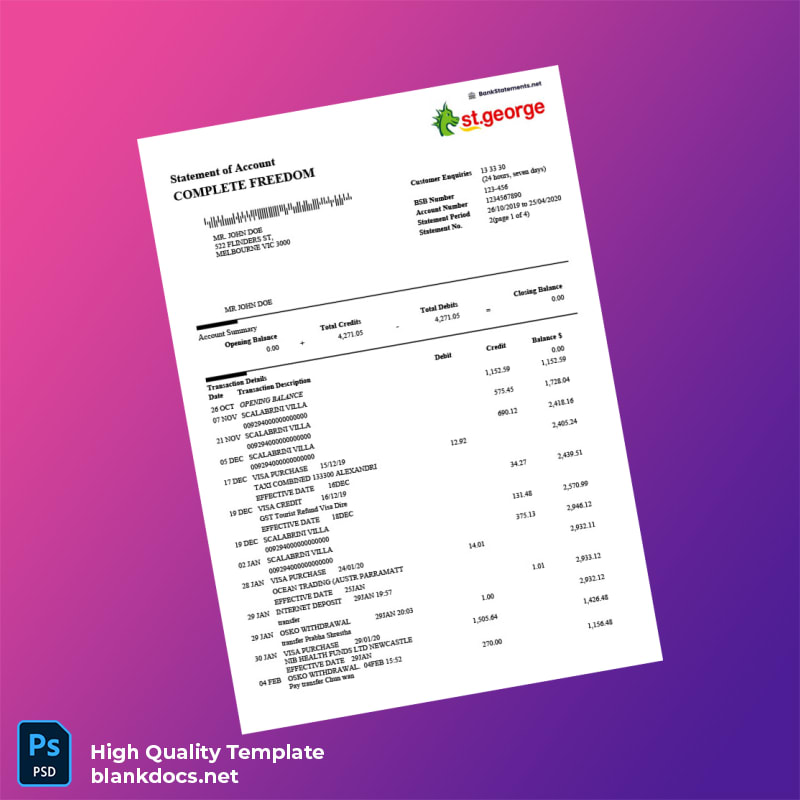 Australia St George Bank Statement Template in Word and PDF formats