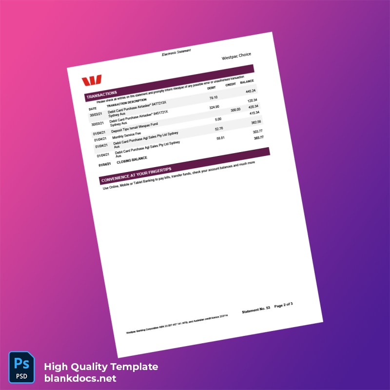 Australia Westpac Bank Statement Template in Word and PDF formats page 2