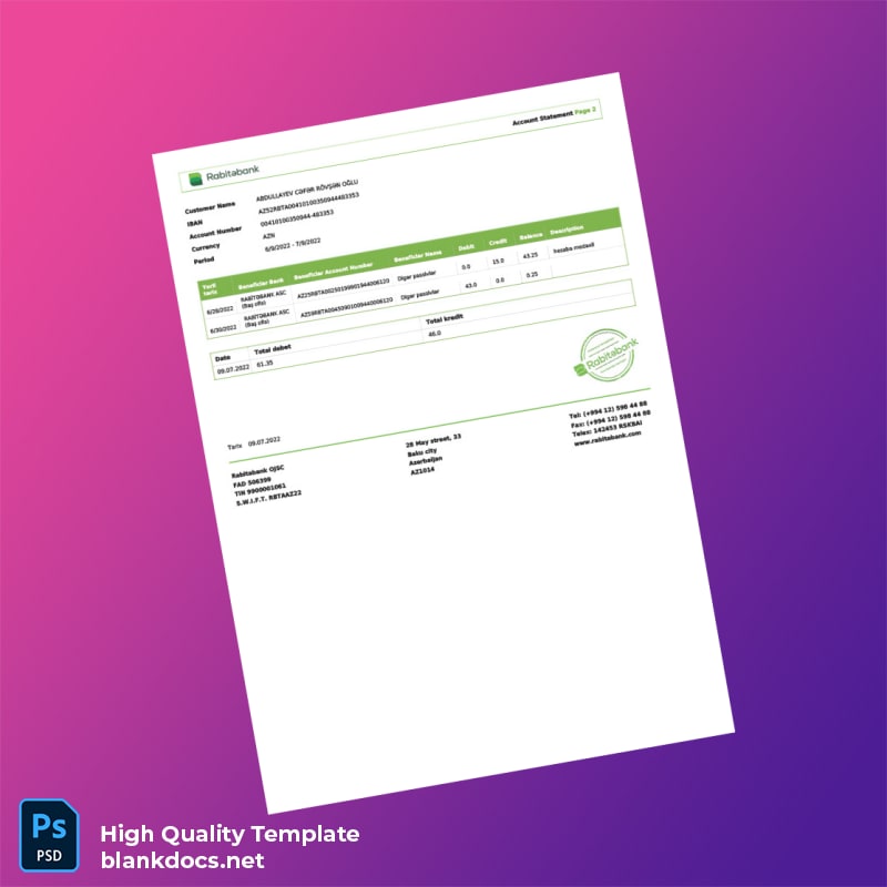 Azerbaijan Rabitabank Account Statement Template in Word and PDF formats page 2