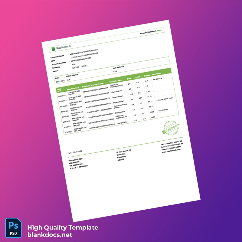 Azerbaijan Rabitabank Account Statement Template in Word and PDF formats