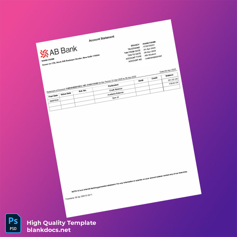 Bangladesh AB Bank Statement Template in Word and PDF formats