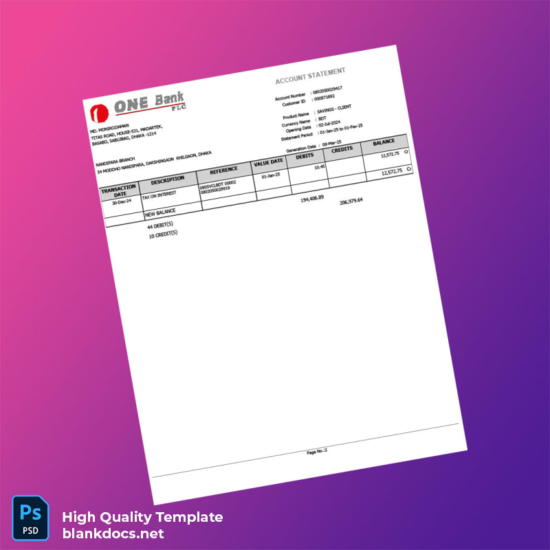 Bangladesh Document Type Bank Statement Template in Word and PDF formats page 2