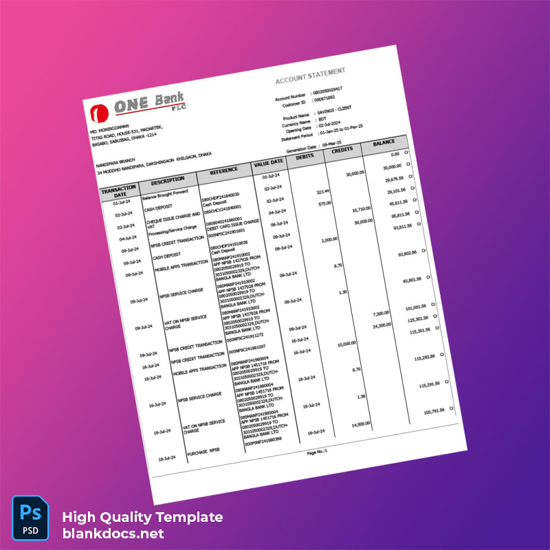 Bangladesh Document Type Bank Statement Template in Word and PDF formats