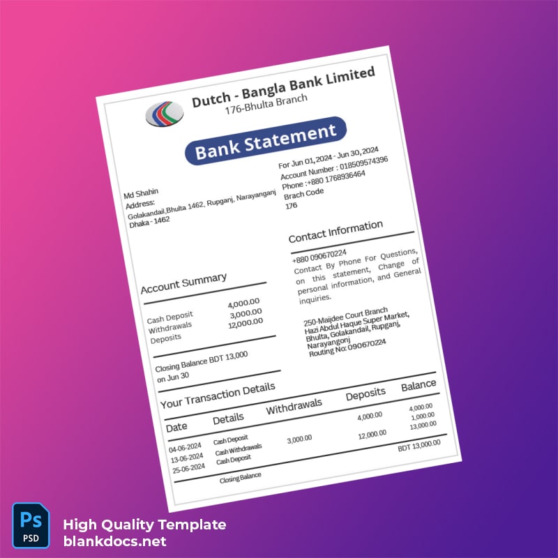 Bangladesh Dutch Bangla Bank Statement Template in Word and PDF formats