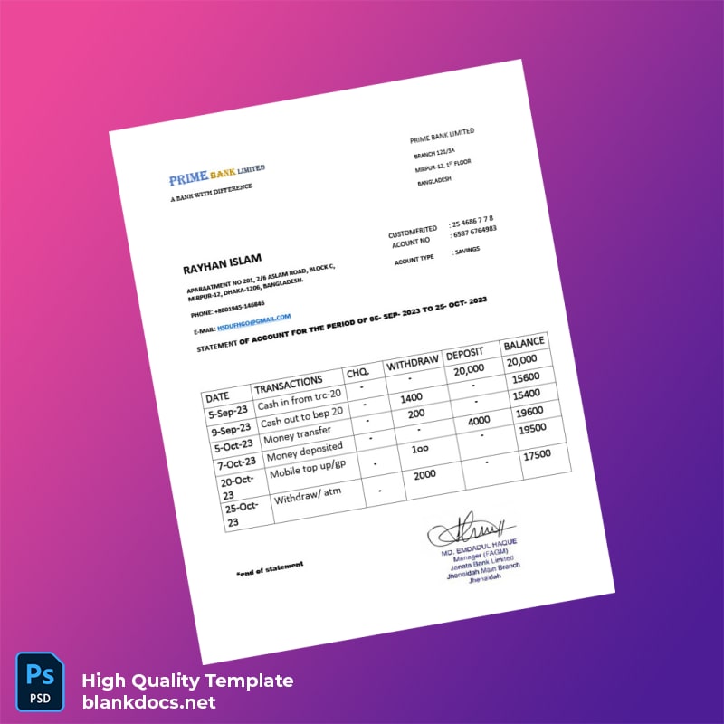 Bangladesh Janata Bank Savings Account Statement Template in Word and PDF formats