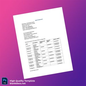 Bangladesh Pubali Bank Limited Bank Statement Template in Word and PDF formats