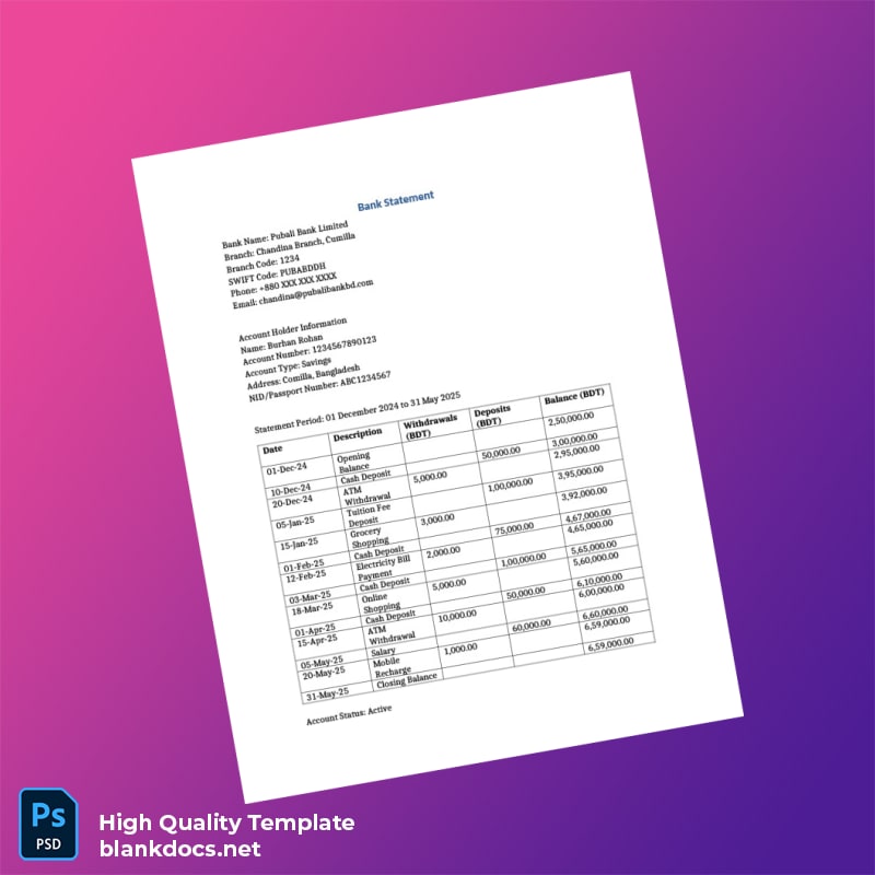 Bangladesh Pubali Bank Limited Bank Statement Template in Word and PDF formats