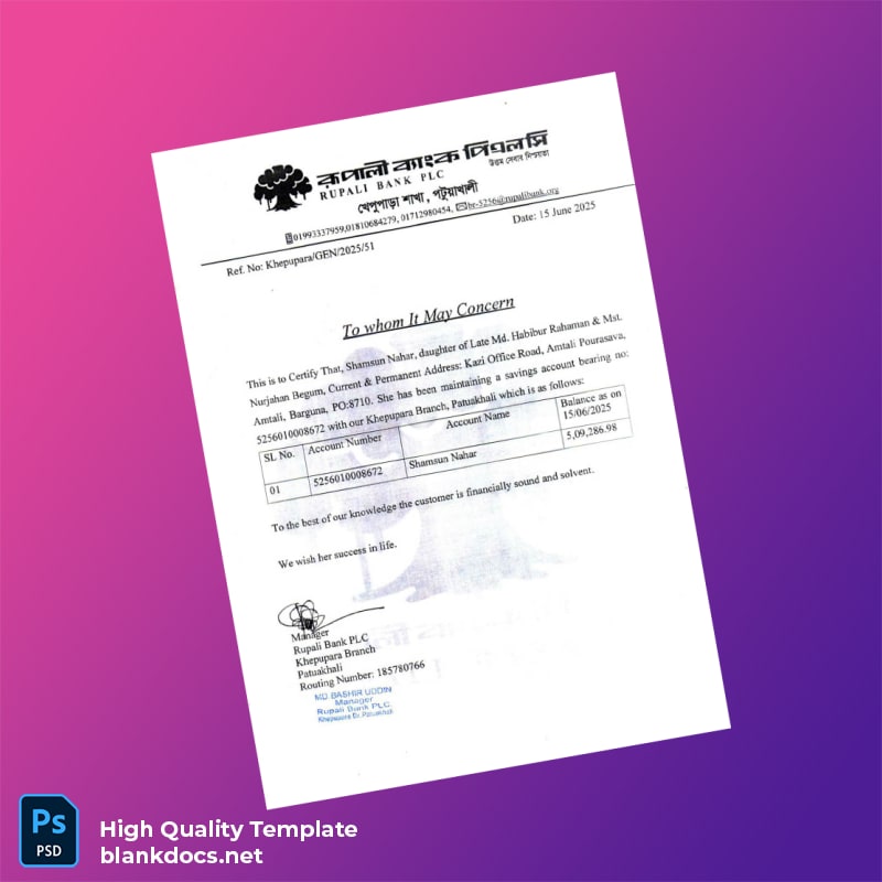 Bangladesh Rupali Bank Statement Template in Word and PDF formats page 3