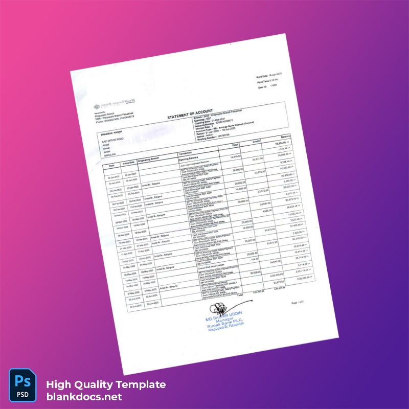Bangladesh Rupali Bank Statement Template in Word and PDF formats