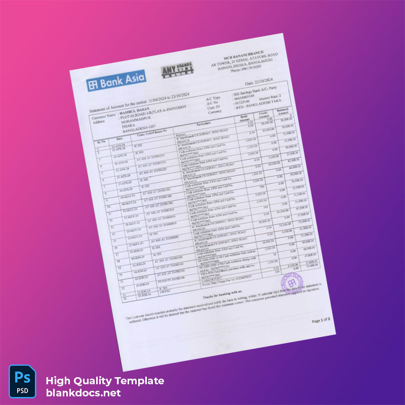 Bangladesh S02-Savings Bank A_C Statement Template in Word and PDF formats