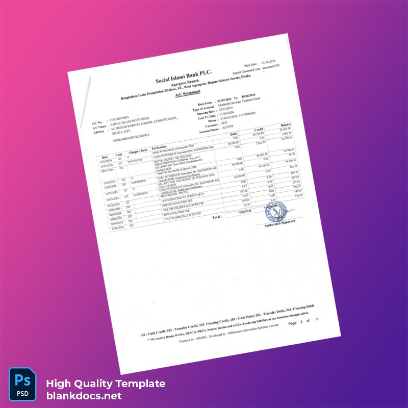 Bangladesh SIBL Bank Statement Template in Word and PDF formats page 2