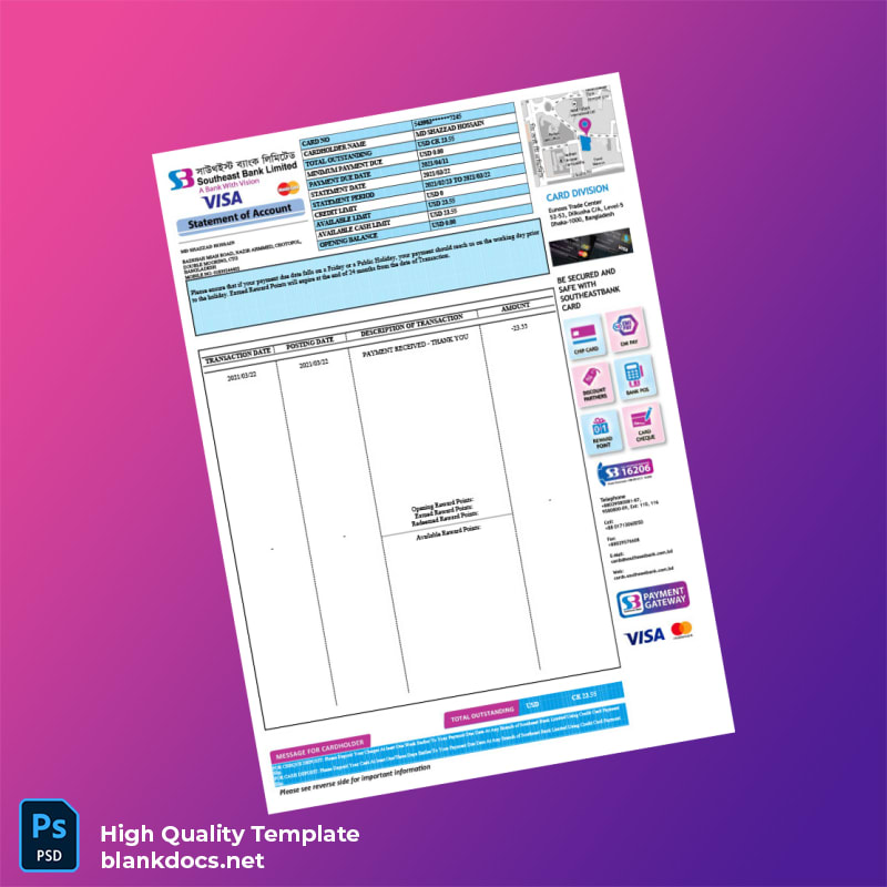 Bangladesh Southeast Bank Credit Card Statement Template in Word and PDF formats