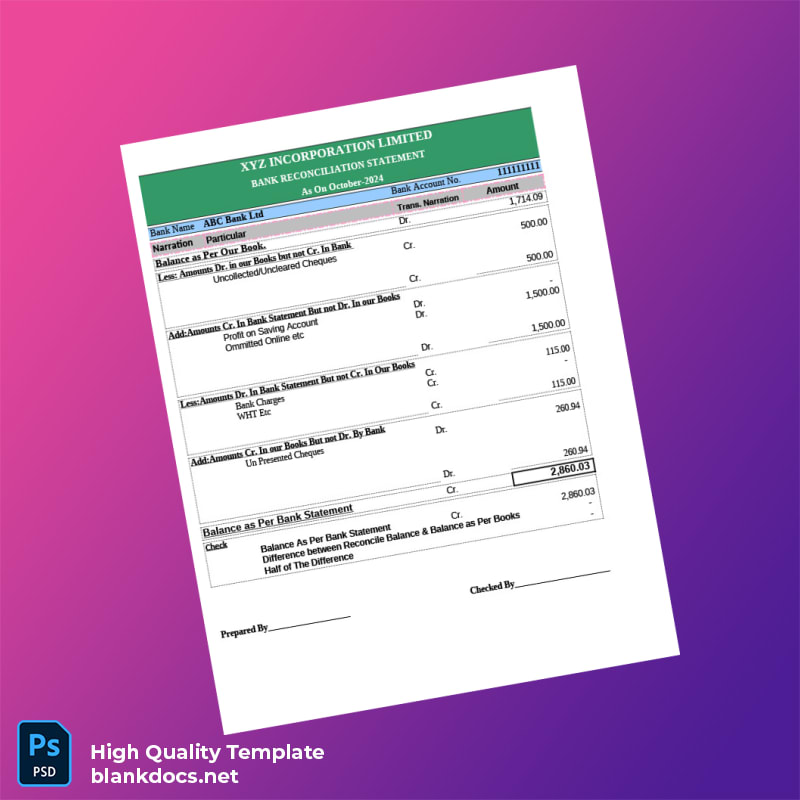 Bank Reconciliation Template in Word and PDF formats page 2