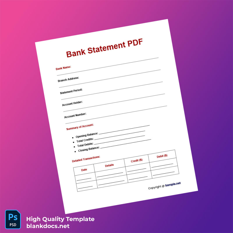 Bank Statement Template in Word and PDF formats