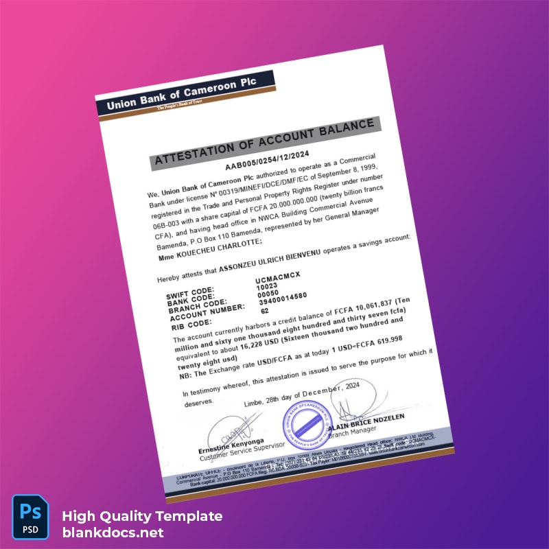 Cameroon Union Bank of Cameroon Plc Bank Statement Template in Word and PDF formats