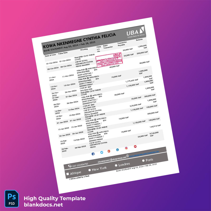 Cameroon United Bank for Africa Bank Statement Template in Word and PDF formats page 3