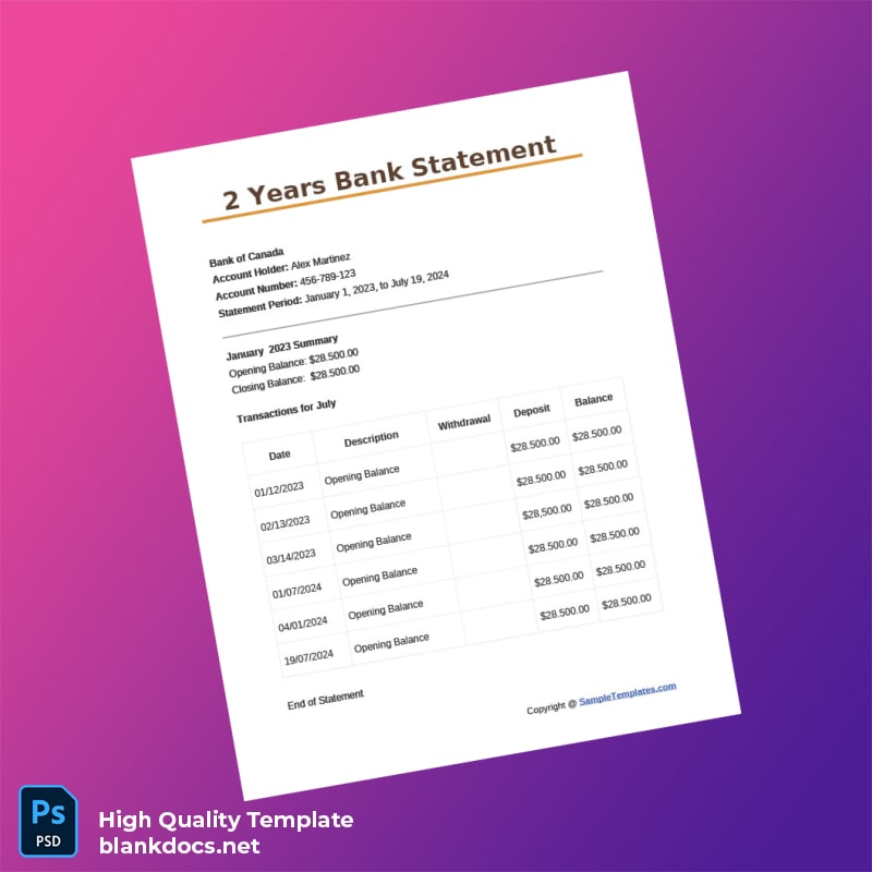 Canada Bank of Canada Bank Statement Template in Word and PDF formats