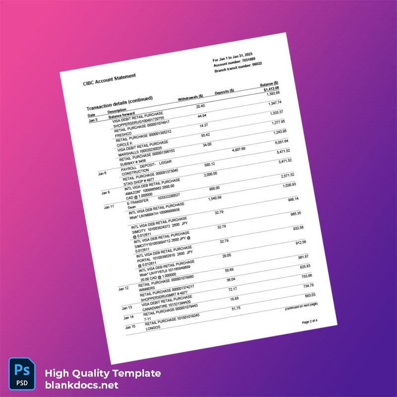 Canada CIBC Account Statement Template in Word and PDF formats page 2