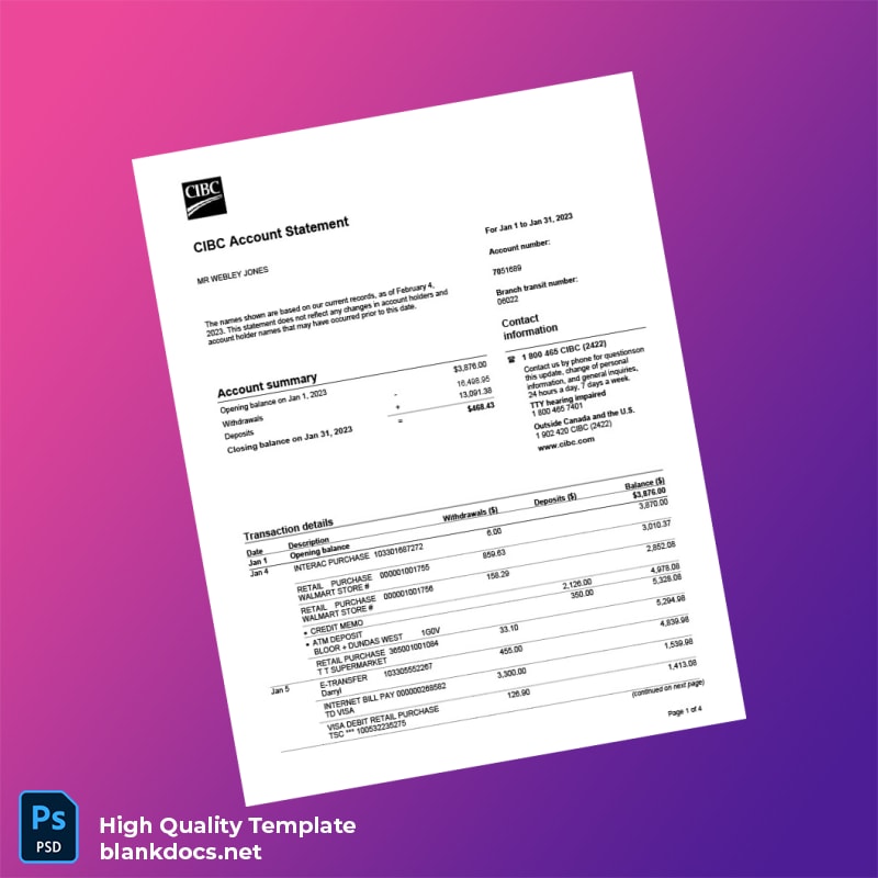 Canada CIBC Account Statement Template in Word and PDF formats