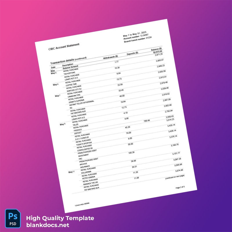 Canada CIBC Bank Statement Template in Word and PDF formats page 2