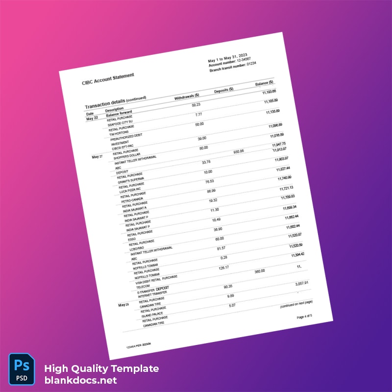 Canada CIBC Bank Statement Template in Word and PDF formats page 4