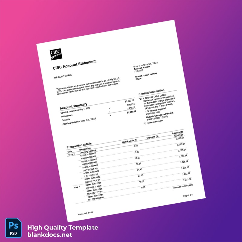 Canada CIBC Bank Statement Template in Word and PDF formats