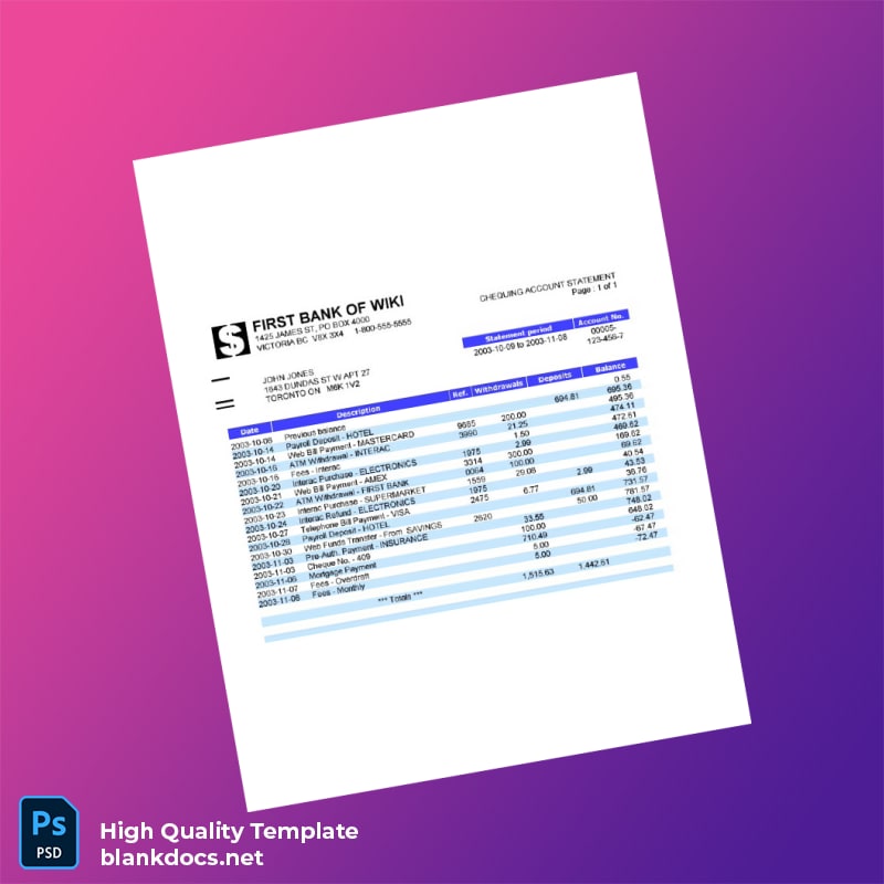 Canada First Bank of Wiki Chequing Account Statement Template in Word and PDF formats