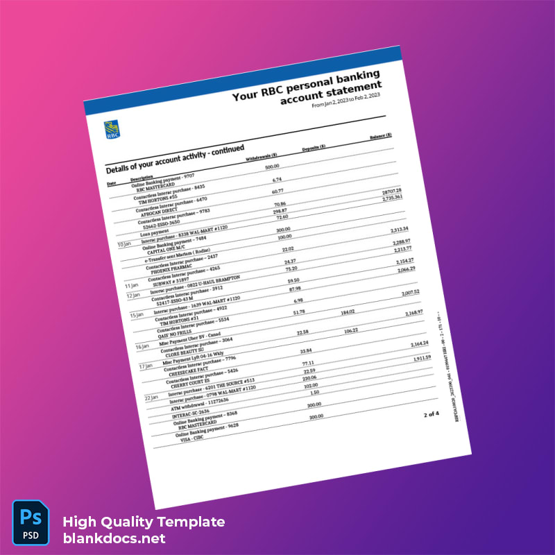 Canada RBC Bank Statement Template in Word and PDF formats page 2