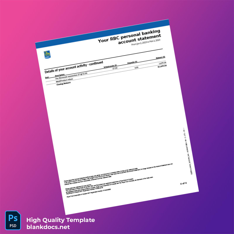 Canada RBC Bank Statement Template in Word and PDF formats page 4