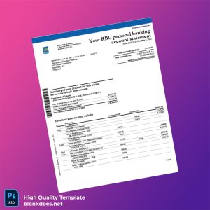 Canada RBC Personal Banking Account Statement Template in Word and PDF formats