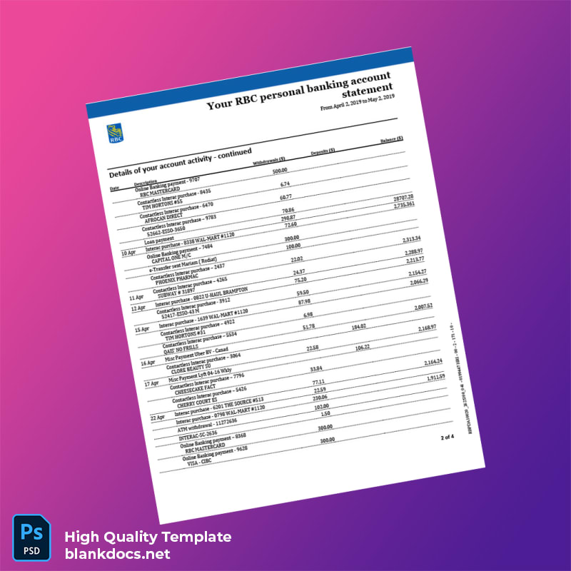 Canada RBC Personal Banking Account Statement Template in Word and PDF formats page 2
