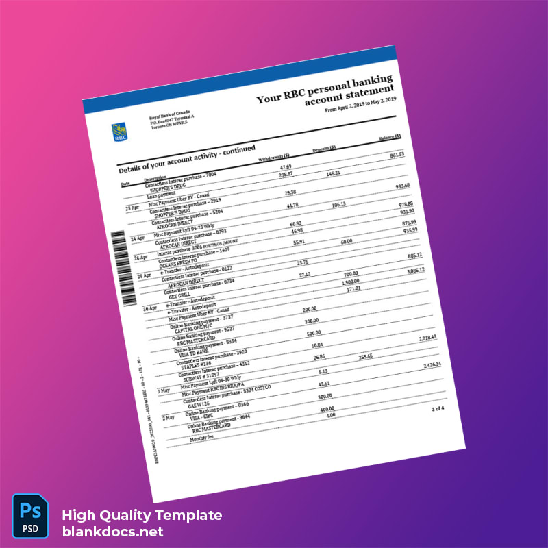 Canada RBC Personal Banking Account Statement Template in Word and PDF formats page 3