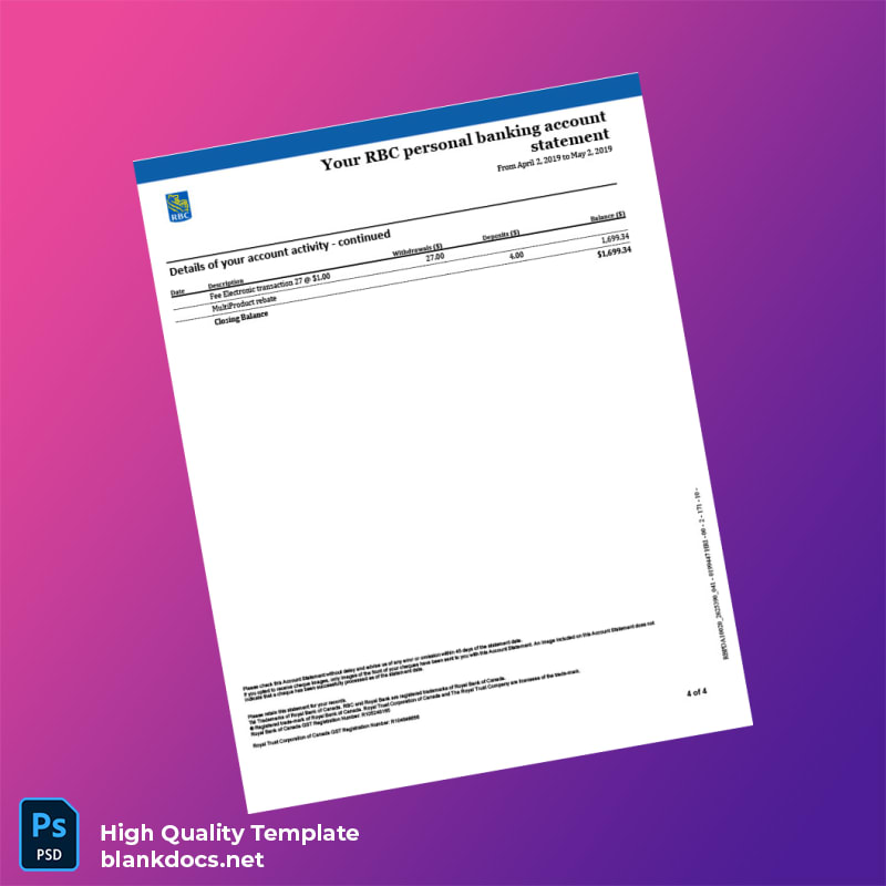 Canada RBC Personal Banking Account Statement Template in Word and PDF formats page 4