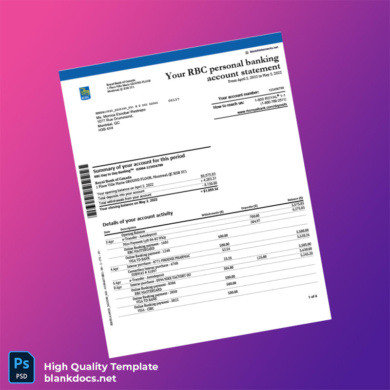 Canada RBC Personal Banking Account Statement Template in Word and PDF formats