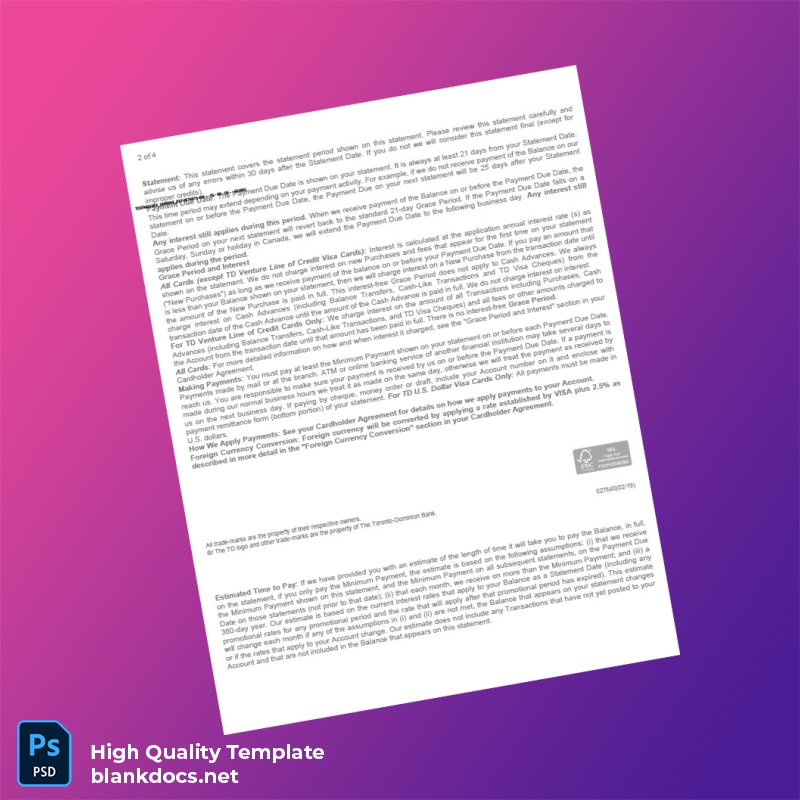 Canada TD Bank Credit Card Statement Template in Word and PDF formats page 2