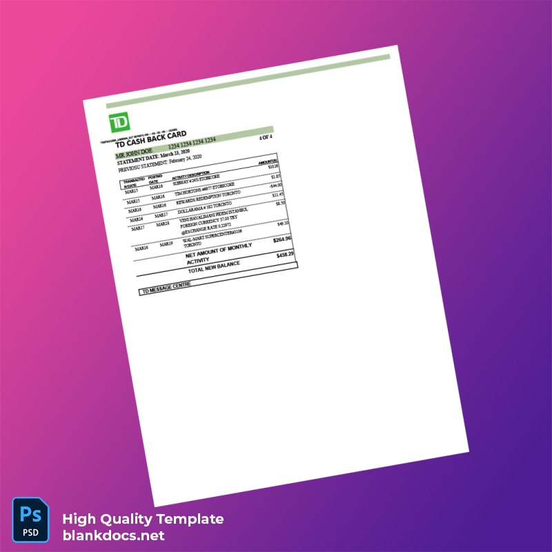 Canada TD Bank Credit Card Statement Template in Word and PDF formats page 4