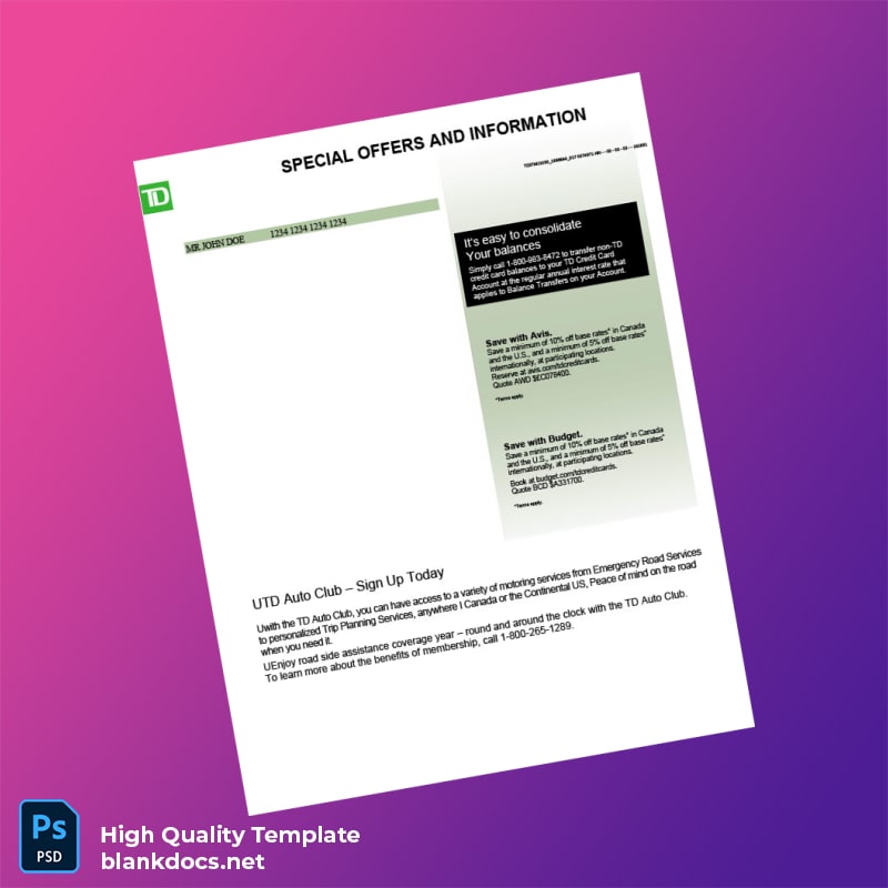 Canada TD Bank Credit Card Statement Template in Word and PDF formats page 5