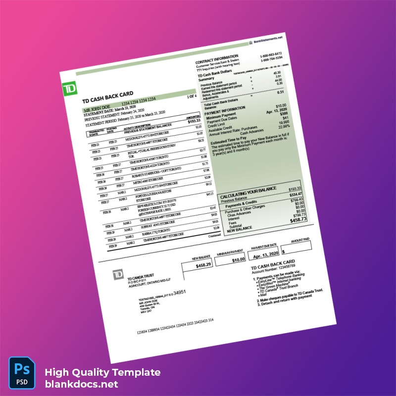 Canada TD Bank Credit Card Statement Template in Word and PDF formats