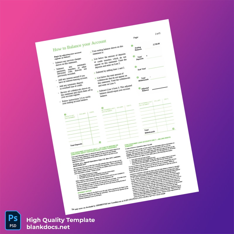 Canada TD Bank Statement Template in Word and PDF formats page 2