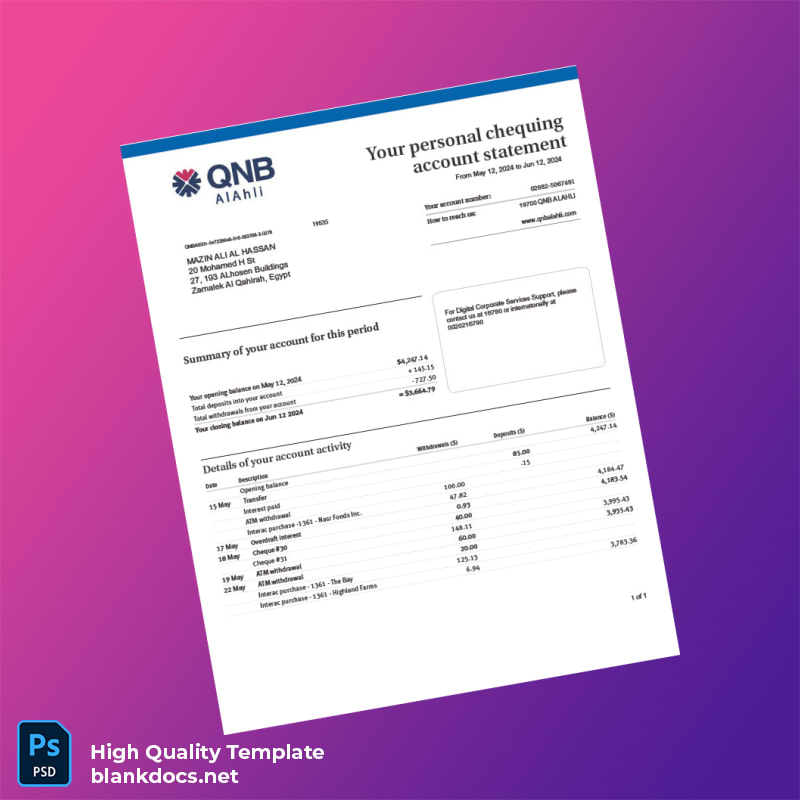 Egypt QNB Al Ahli Account Statement Template in Word and PDF formats