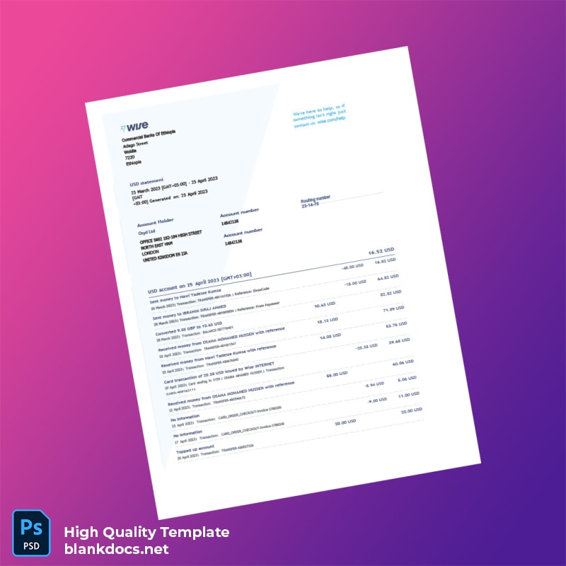 Ethiopia USD Statement Template in Word and PDF formats