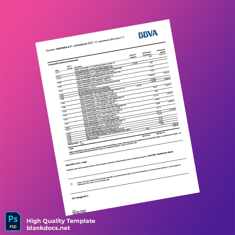 Finland BBVA Bank Statement Template in Word and PDF formats page 3