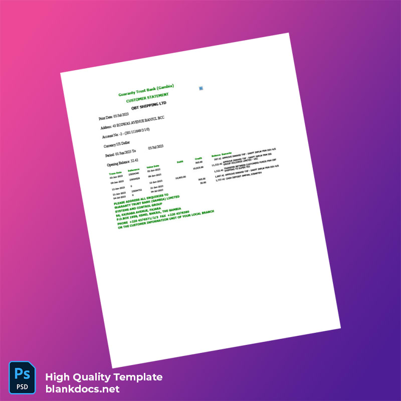 Gambia Guaranty Trust Bank Gambia Bank Statement Template in Word and PDF formats