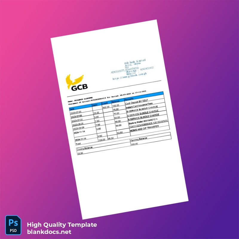Ghana GCB Bank Statement Template in Word and PDF formats