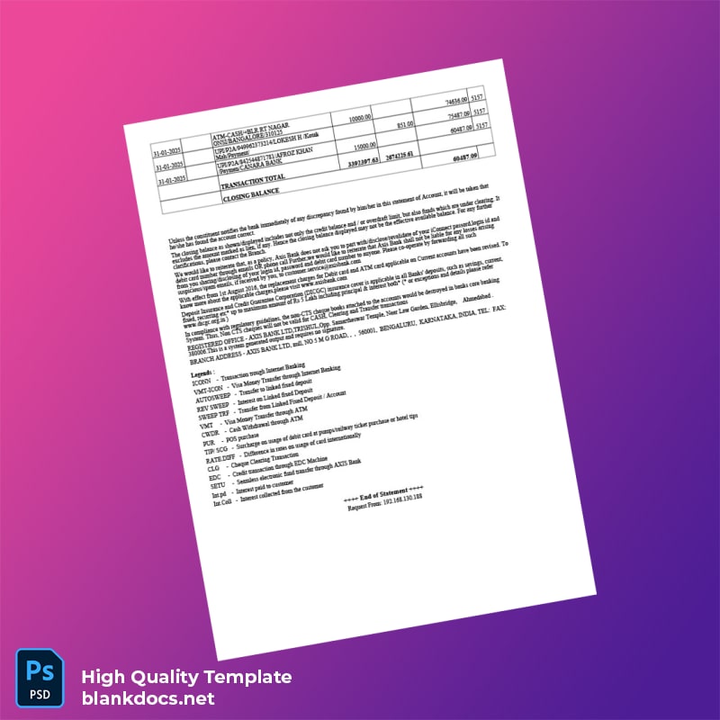 India Axis Bank Account Statement Template in Word and PDF formats page 7