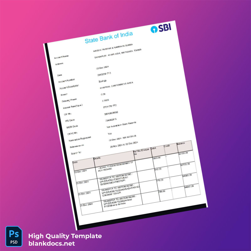 India Bank Name Not Specified Bank Statement Template in Word and PDF formats